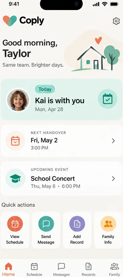 Coply co-parenting app home dashboard